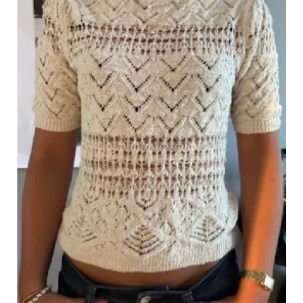 Zara Cream Crochet Knit Sweater Medium | Open Knit Boho Short Sleeve Pullover